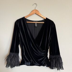 Cachet Black Velvet Wrap Blouse with Feather Cuffs